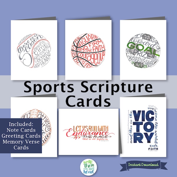 Sports Scripture Cards, 6 Printable Bible Verse Sports Card Set, Sports Wall Decor for Kids, Coach Office Art, Sports Bible Verse Note Cards