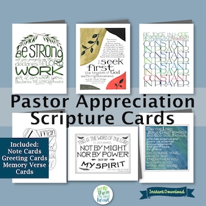 May include: A collection of Pastor Appreciation Scripture Cards. The cards feature various Bible verses with decorative elements. The cards include note cards, greeting cards, and memory verse cards. The words "Pastor Appreciation Scripture Cards" are displayed in large text.
