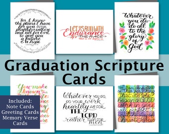 Graduation Scripture Cards, 6 Printable Bible Verse Graduation Cards, 5x7 Bible Greeting Cards, Graduate Scripture Note Card Assortment