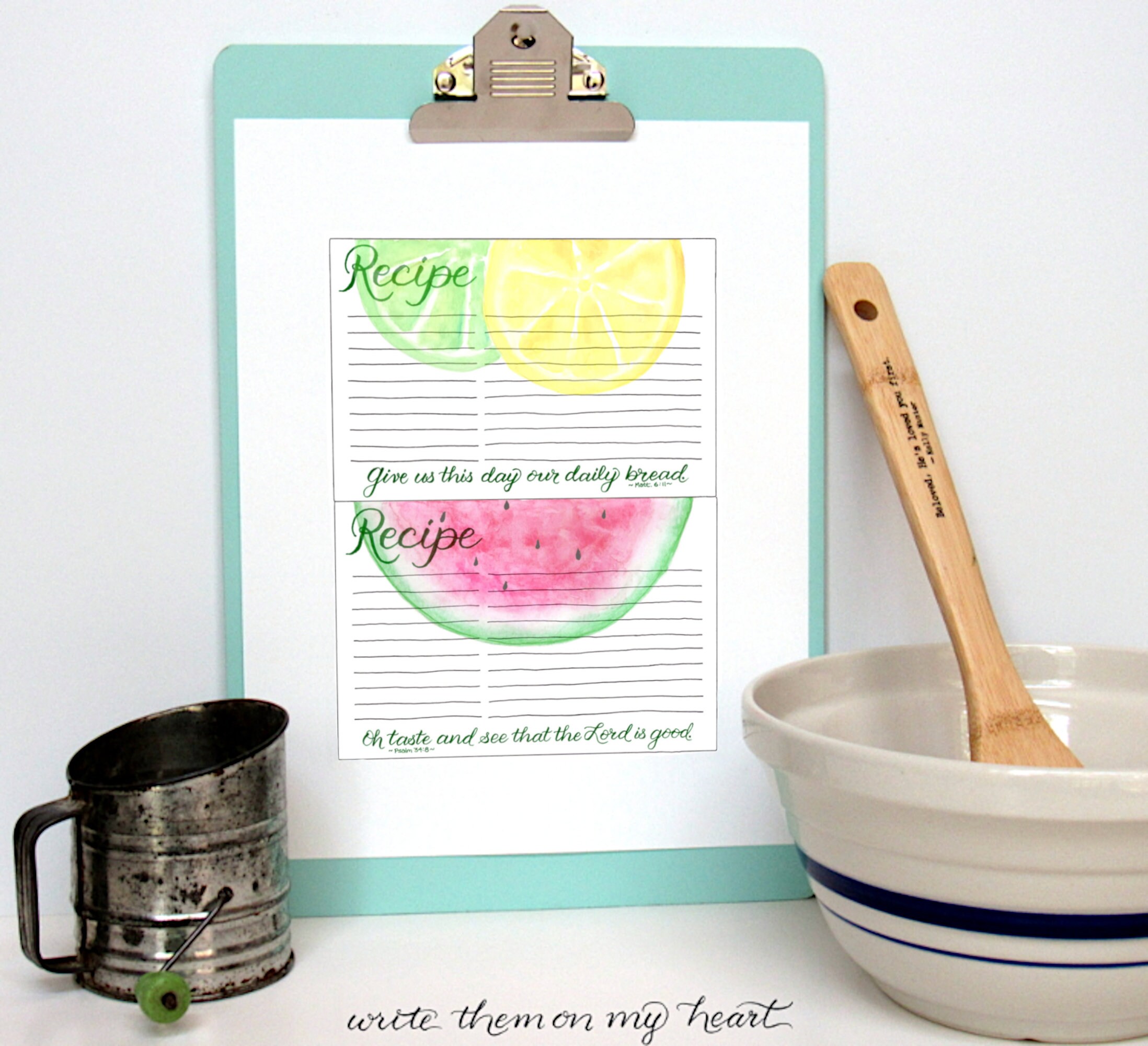 Watermelon Scripture Printable Recipe Card With Bible Verse Psalm 34:8, Matthew 6.11 ...