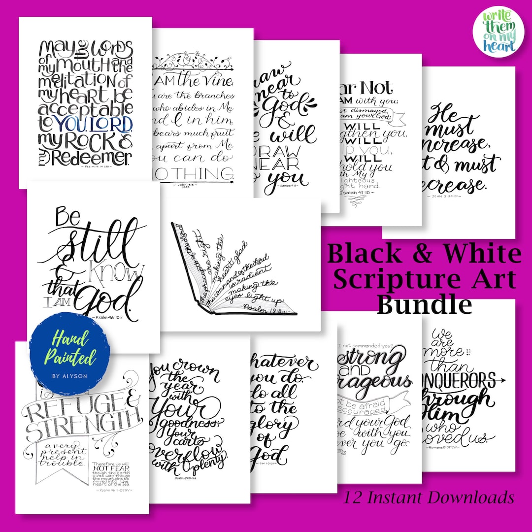Black and White Scripture Art Set of 12 Printable Christian Calligraphy