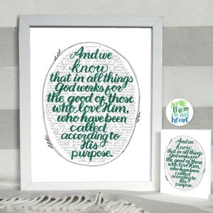 Romans 8:28, Scripture Art Printable, Bible Verse Wall Art, 8x10, 5x7, Bible Greeting Card, Scripture Note Cards, Watercolor Hand-lettering