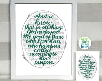 Romans 8:28, Scripture Art Printable, Bible Verse Wall Art, 8x10, 5x7, Bible Greeting Card, Scripture Note Cards, Watercolor Hand-lettering