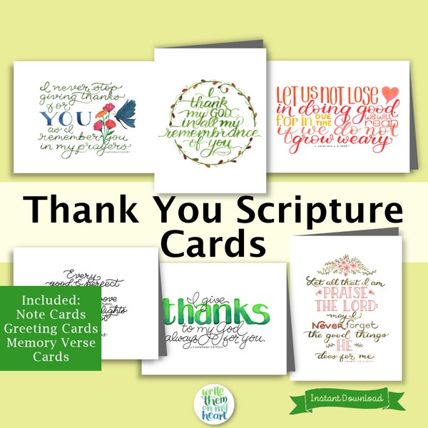 Scripture Thank You Notes, Thank You Scripture Cards, 6 Printable Bible Verse Thank You Cards, Christian Thank You Note Cards Assortment