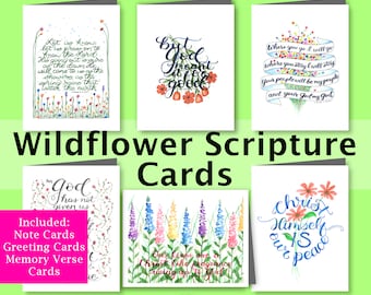 Tarjeta con versículo bíblico de flores silvestres para imprimir Tarjeta con versículo bíblico de flores silvestres Tarjeta de felicitación cristiana con flores en acuarela Fe Arte de campo de flores silvestres