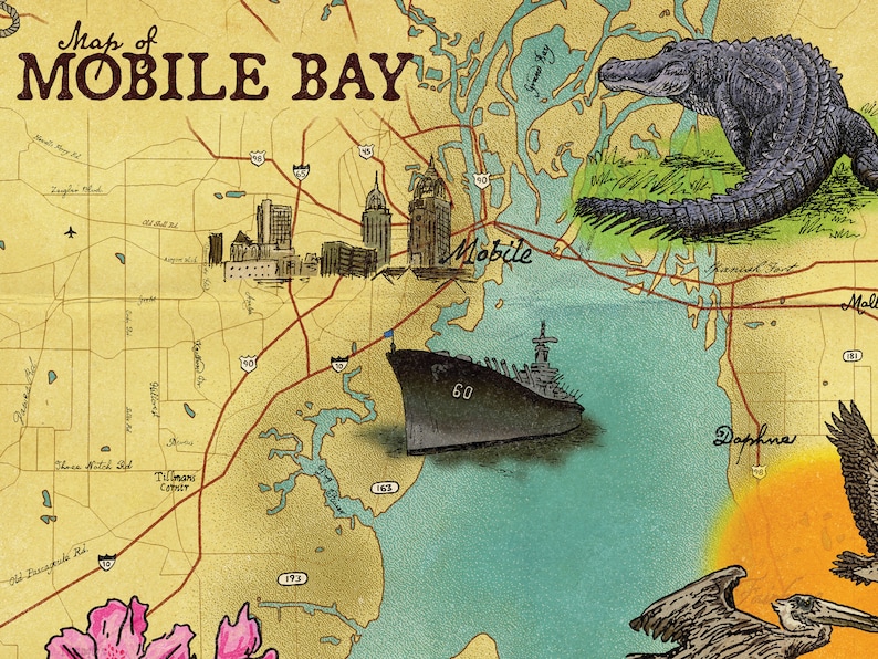 Mobile Bay Map Art Print, Vintage Style Alabama Wall Decor Etsy