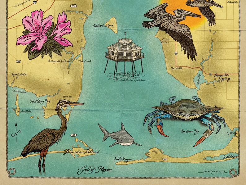 Mobile Bay Map Art Print, Vintage Style Alabama Wall Decor Etsy