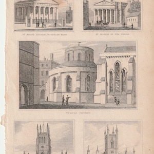 May include: A vintage print with six monochrome engravings of churches. The illustrations depict various architectural styles, with prominent features like spires, columns, and arched windows. Text at the bottom identifies each church.