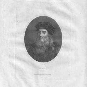 Może przedstawiać: Czarno-biały portret Leonarda da Vinci, włoskiego polihistory z okresu wysokiego renesansu, w ciemnym kapeluszu i długiej brodzie. Obraz pochodzi z Encyclopædia Londinensis, 1829.