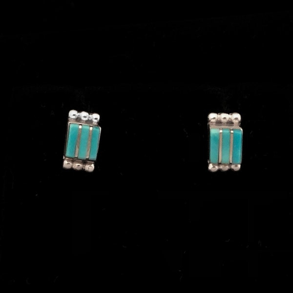 Zuni inlay turquoise square stud earrings, sterling silver with natural turquoise stones, Native American handmade by artist Elrick Seoutewa