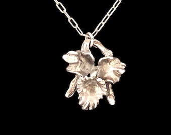 Vintage sterling silver orchid pendant on delicate chain, antique 1930s necklace, small floral pendant, minimalist, 16" chain