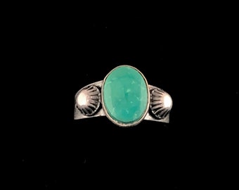 Fred Harvey era turquoise ring, hand stamped silver and natural turquoise, fluted buttons, vintage 1930s, size 6 3/4 or 7