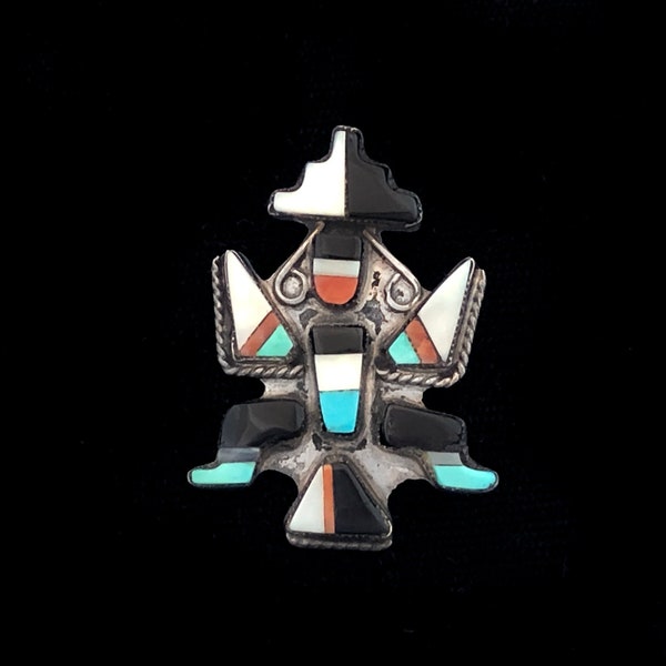 Zuni inlay pin, knifewing design with multi stone inlay turquoise, jet, spiny oyster shell, mother of pearl, vintage 1930s
