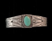 Fred Harvey era Navajo Native American cuff bracelet, hand-stamped silver with natural turquoise, 1930s