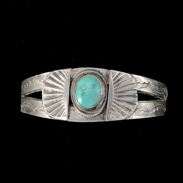 Fred Harvey era Navajo Native American cuff bracelet, hand-stamped sterling silver with natural turquoise, 1930s