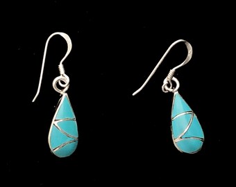 Southwest snake eye jewelry boho dangle fringe earrings made in USA Sterling silver dainty Zuni turquoise dot earrings
