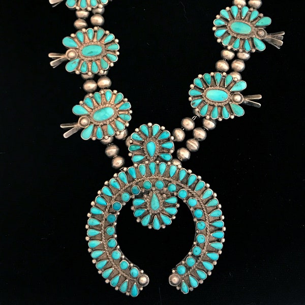 RESERVED for emihole - layaway payment 1 of 3 - Zuni squash blossom necklace, made in 1950s, 31" long with natural turquoise petit point