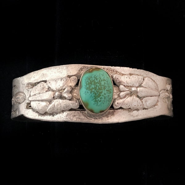 Fred Harvey era Navajo Native American cuff bracelet, hand stamped silver with butterfly designs, natural turquoise, 1930s