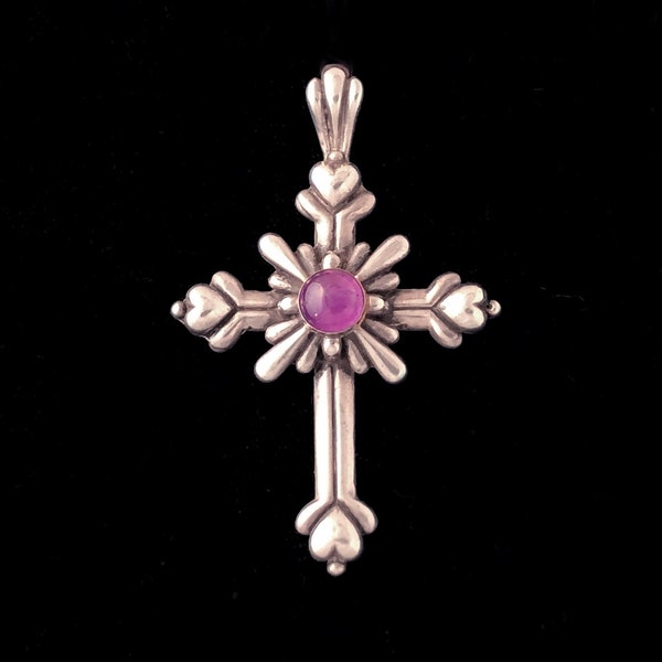 Mexican-made cross pendant with amethyst, sterling silver handmade, Taxco Mexico style, cross with hearts pendant necklace