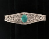 Vintage Fred Harvey era bracelet, silver and turquoise, Navajo Native American, hand-stamped sterling silver with natural turquoise, 1930s