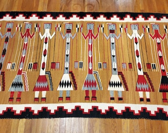 Navajo Yei rug, eight Yei figures with the traditional border, Native American textile, vintage 1960s