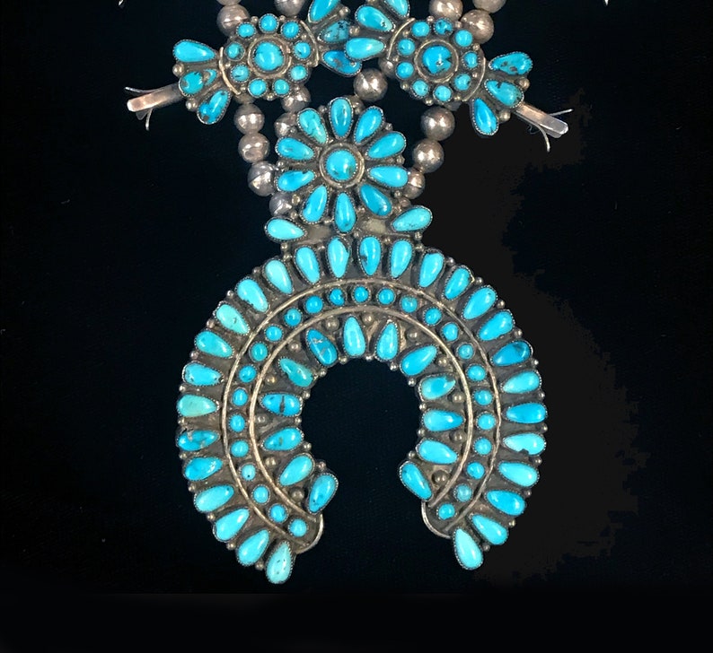 Zuni squash blossom necklace with Lone Mountain turquoise Etsy