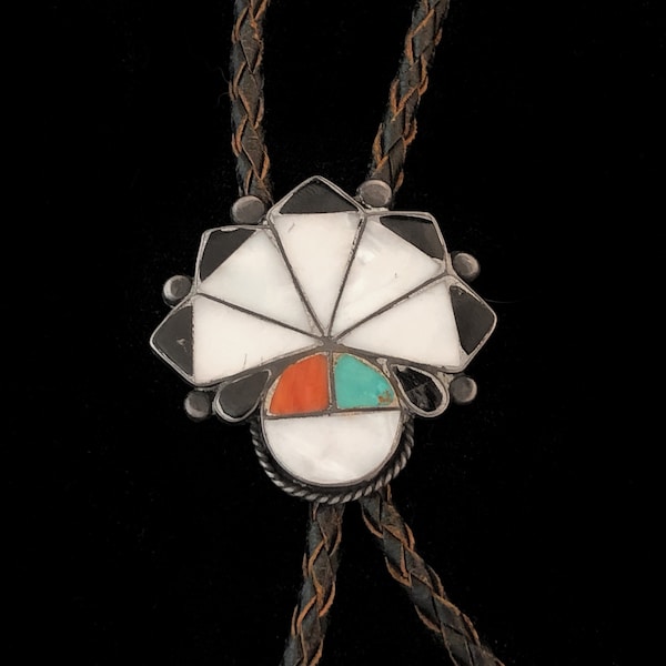 Zuni antique sun face bolo tie 1950s vintage, inlay mother of pearl, jet, turquoise, coral, inlay tips