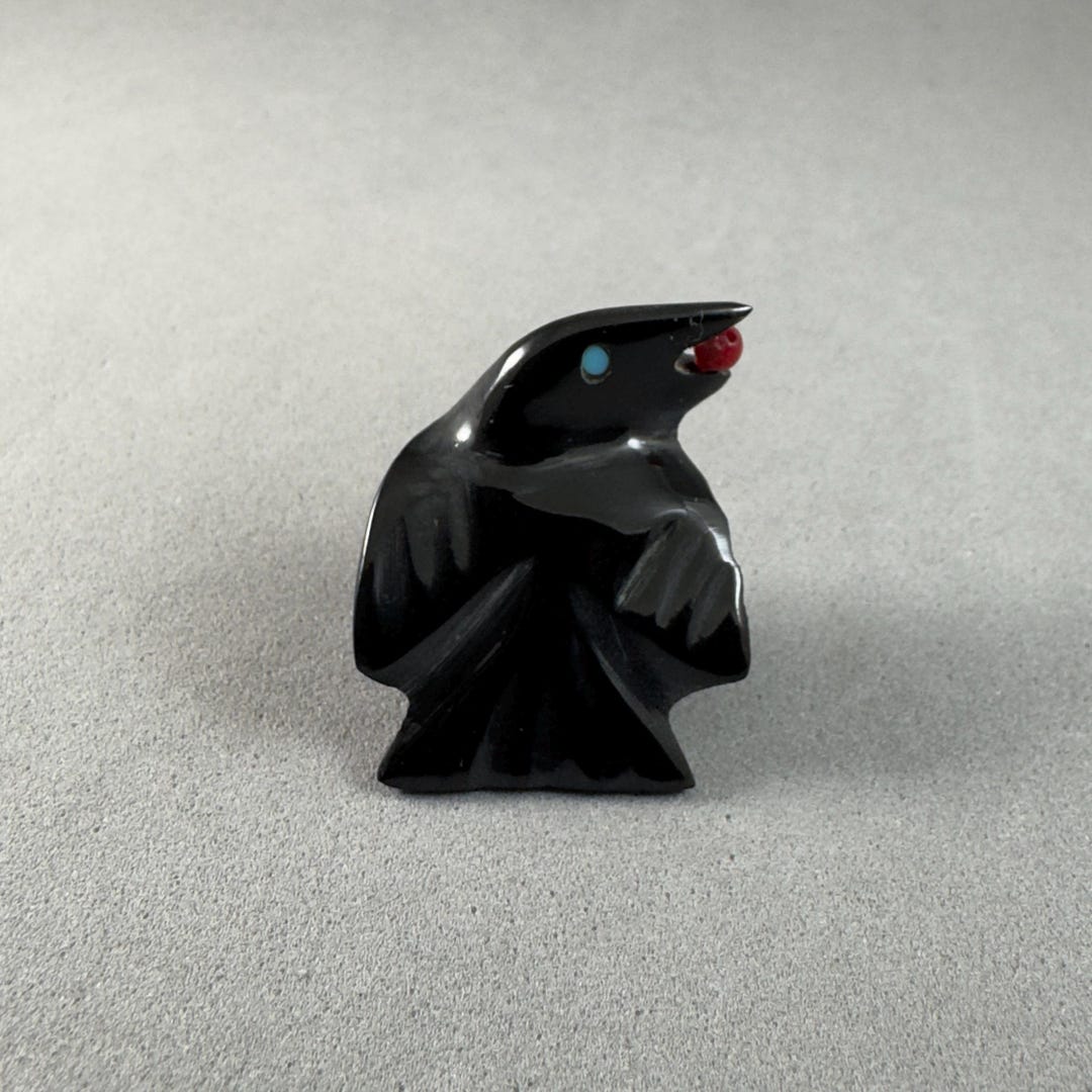 Zuni Fetish Baby Raven With Berry, Handmade by Artist Calvert Bowannie ...