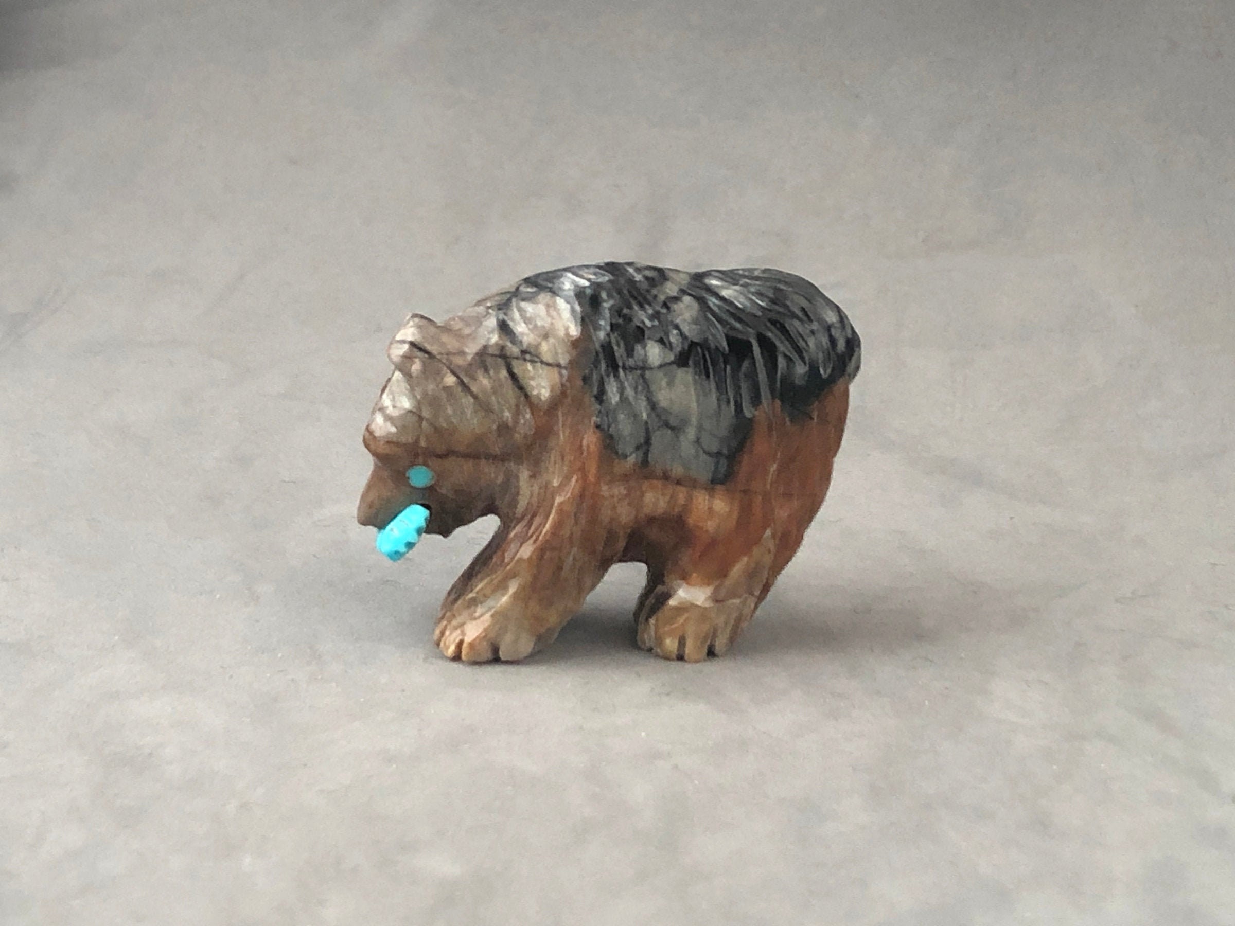 Sculpture Zuni Fetish Carving Black Bear with Mother of Pearl Fish Andres Quandelacy Native