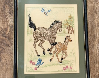 Vintage framed needlepoint picture of mare and foal