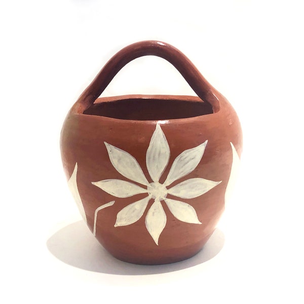 Santo Domingo redware pot with handle, 1950s