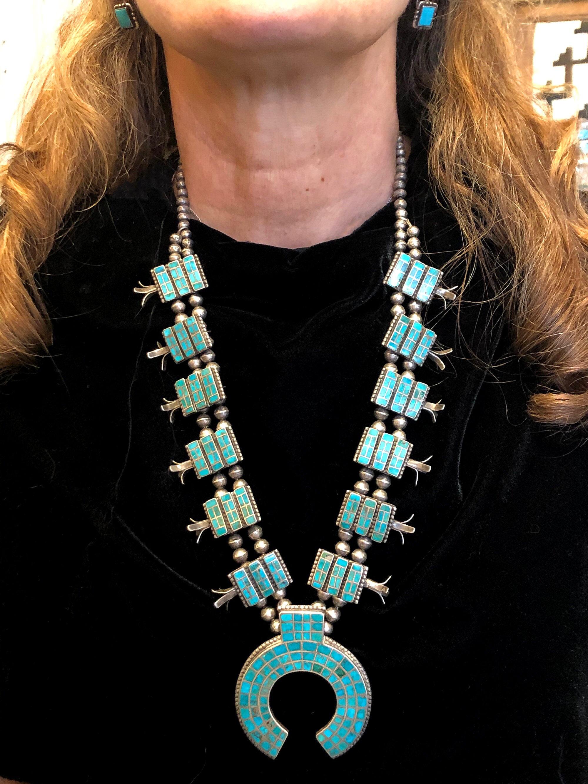 Zuni squash blossom necklace with inlay Blue Gem turquoise by Etsy