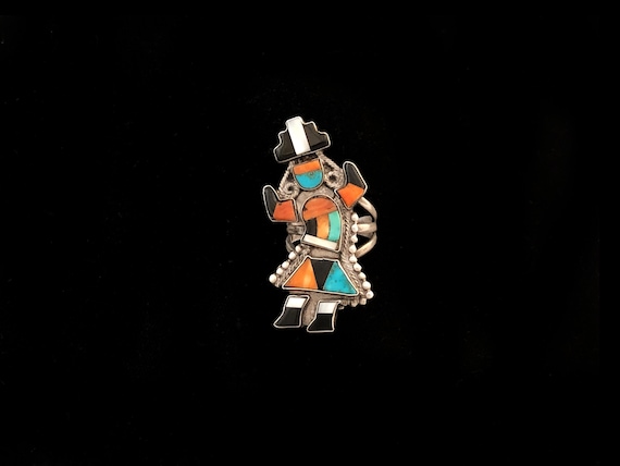 Zuni inlay statement ring, rainbow yei dancer des… - image 1