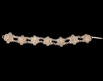 Taxco Mexican bracelet, filigree silver flowers, made in 1930s, vintage Taxco Mexico silver