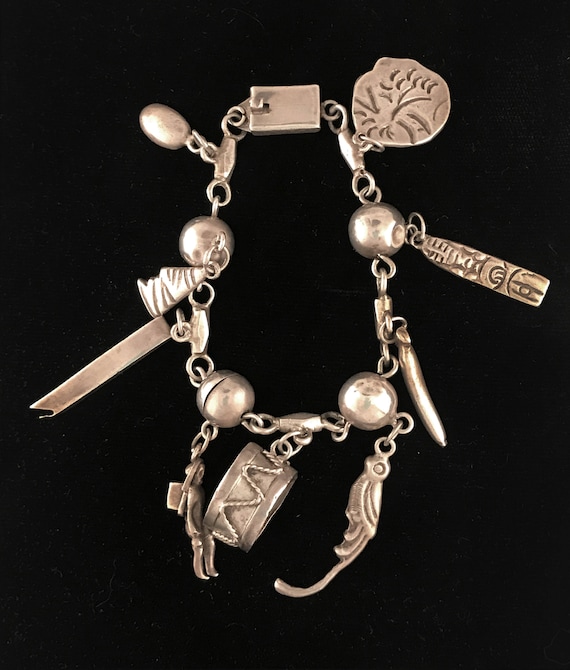 Mexican Vintage Charm Bracelet Sterling Silver With Peruvian Inca