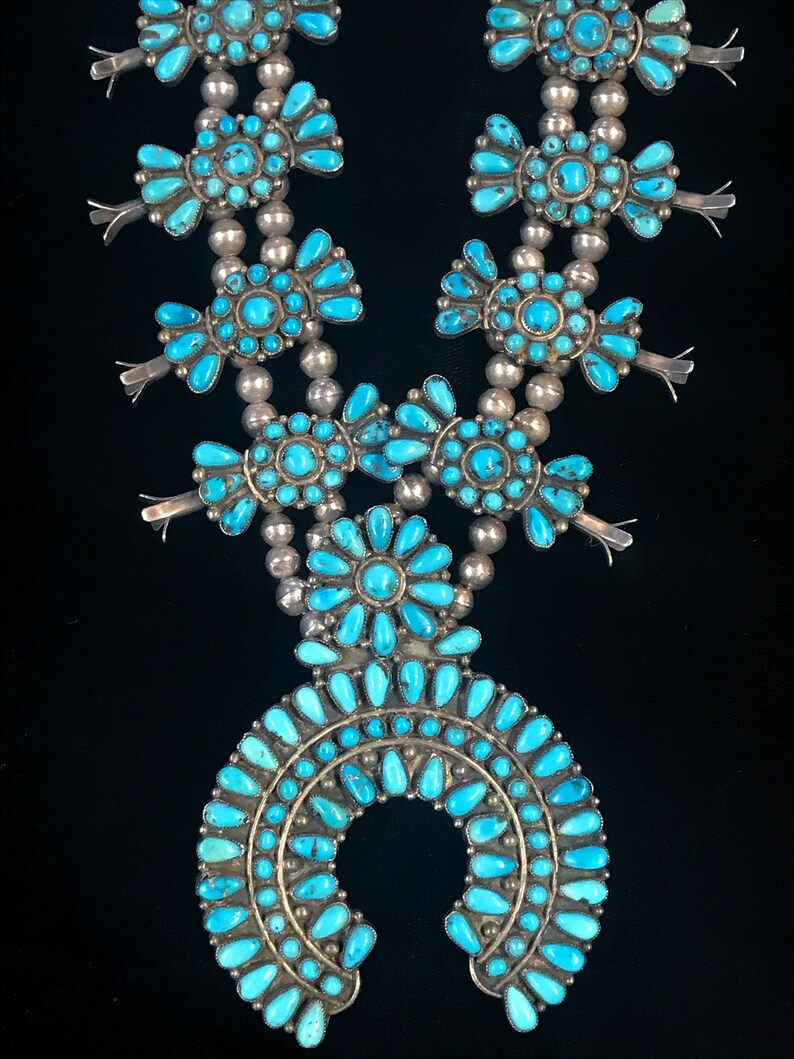 Zuni squash blossom necklace with Lone Mountain turquoise Etsy