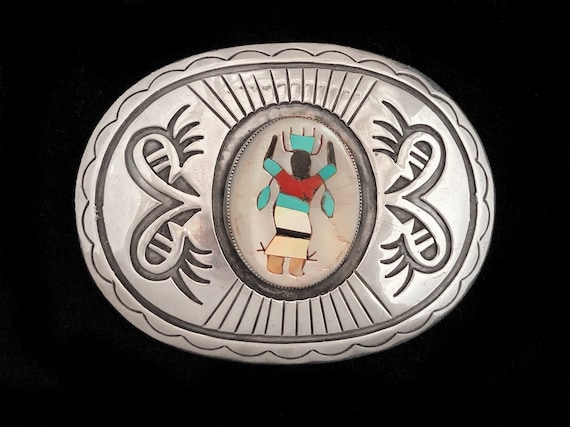 Very Artistic Vintage Native American Zuni Quail Sterling Silver Inlay Turquoise Buckle Old Very Artistic Vintage Native American Zuni Quail Sterling Silver Inlay Turquoise Buckle Old
