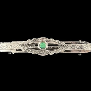 Small turquoise and silver hair barrette, made from 1930s Fred Harvey bracelet, hand-stamped arrow designs