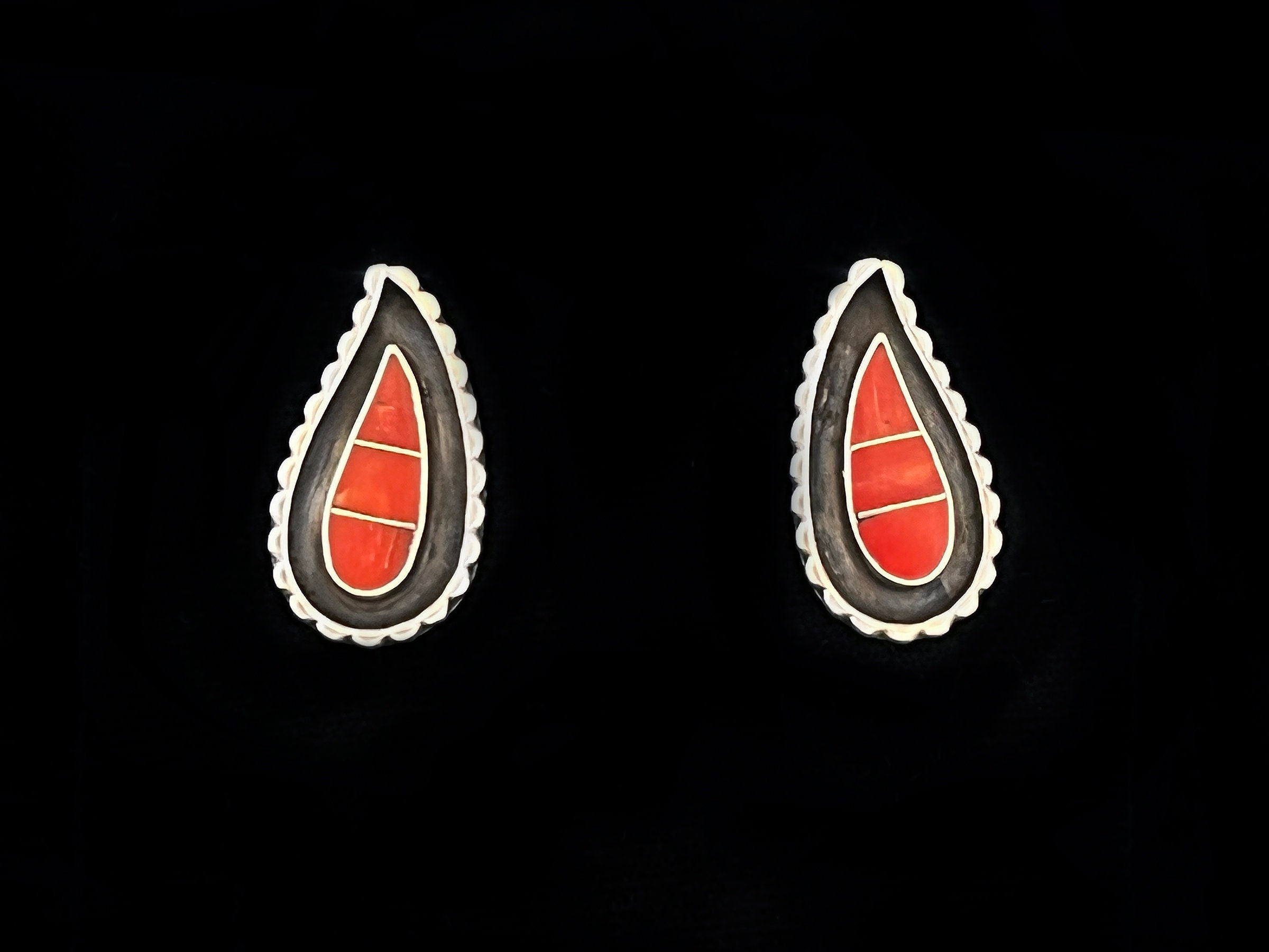 Zuni made inlay coral earrings, sterling silver and natural red coral, Native American handmade by artist Lloyd Salvador