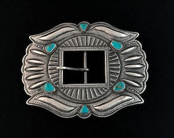 Navajo-made belt buckle, silver hand stamped with natural turquoise, vintage 1950s,