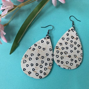 Leather cork earring, Black & white hearts, wide teardrop design