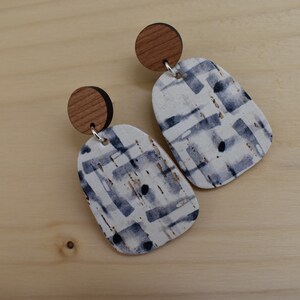Boho earring, Rectangular earrings in blue & white watercross patterning cork leather