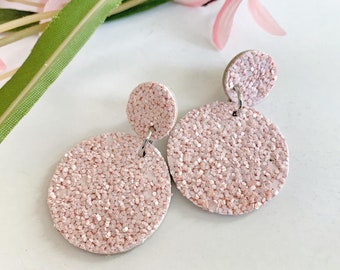 Pink glitter Circle statement earrings, leather cutout earring