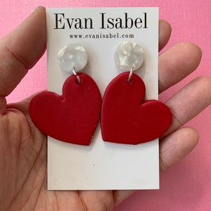 Red heart clay dangle earrings with acrylic posts