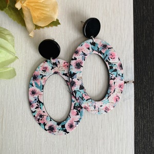 Oval earrings, cork leather floral print cutout earrings