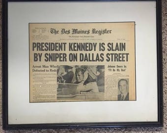 Newspaper 1963 President Kennedy killed in Dallas motorcade Jacqueline Kennedy by his side