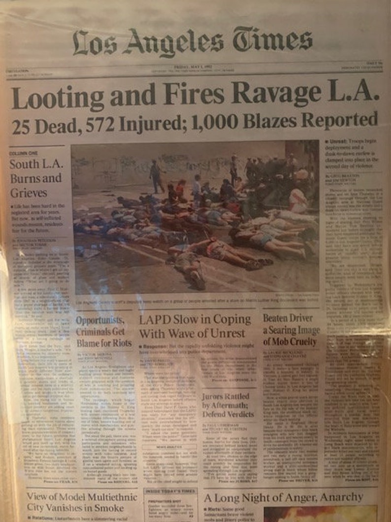 1992 RIOTS Los Angeles LA TIMES Newspaper Etsy