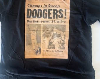 Dodgers T Shirt MENS Baseball 1965 World Series Champ Newspaper