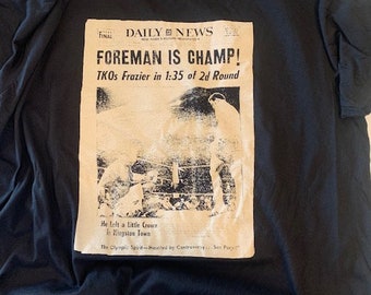 George Foreman vintage newspaper shirt BOXING champ over Joe Frazier