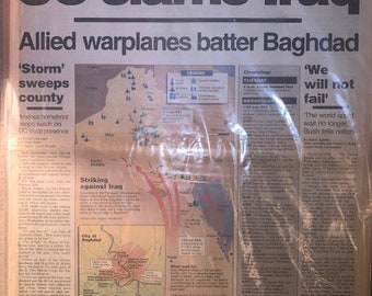 USA military  bombs Baghdad IRAQ 1991 original newspaper